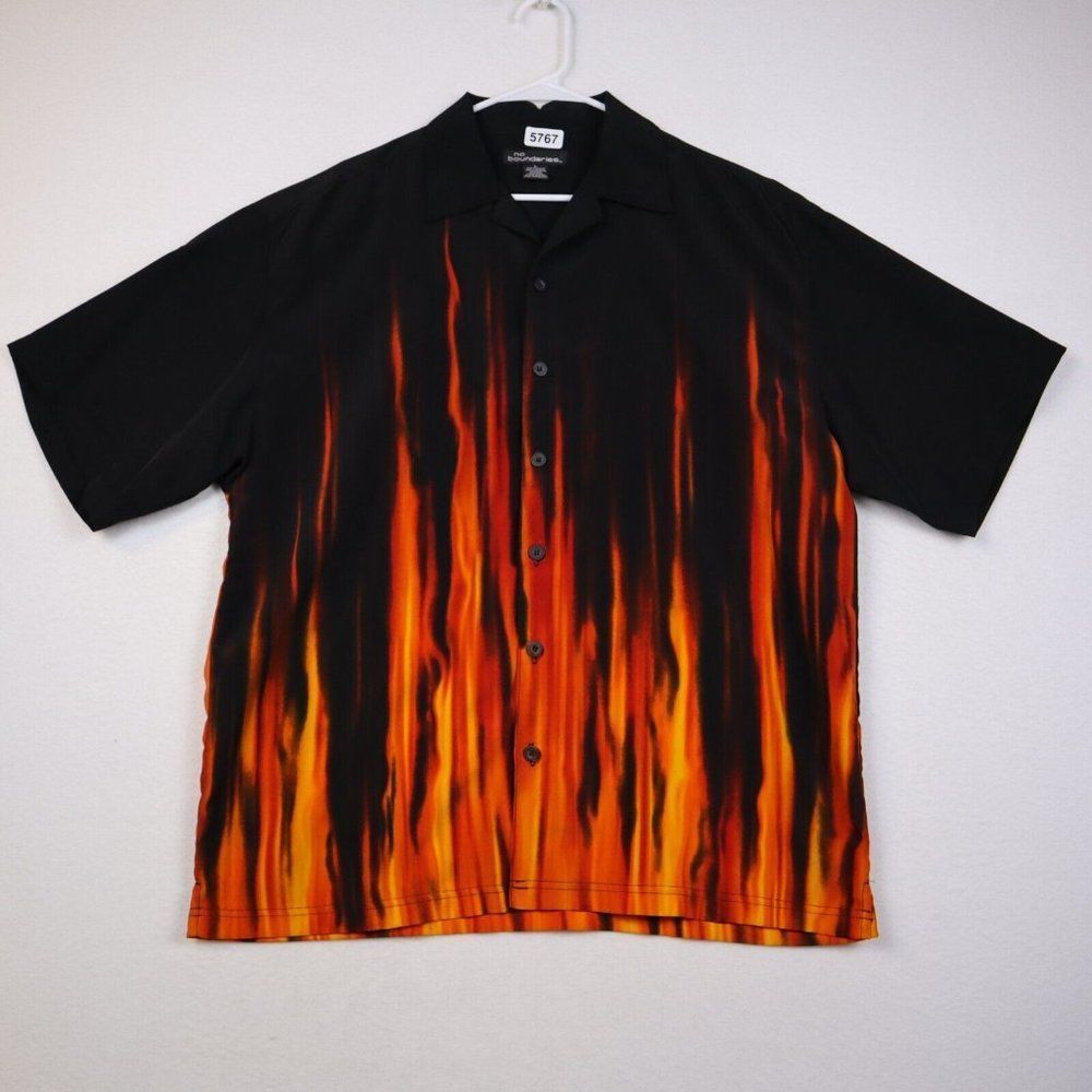 Vintage No Boundaries Casual Flame Button-Down Shirt Men's Black/Orange L 90's